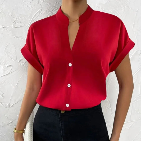 Camisa minimalista con cuello en V para mujer, camisa elegante de satén rojo de manga corta con una hilera de botones, ajustada informal para oficina, verano 2024